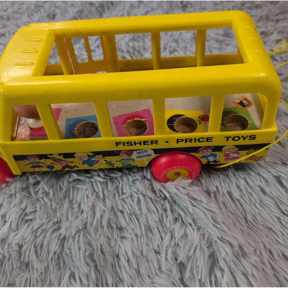 Lot Of 2 Vintage 1956 Fisher-Price Wooden Pull Toy Duck Family School Bus